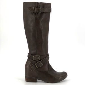 MIZ MOOZ Brown Leather Riding Boots Hidden Platform Ankle Belt Straps Size 7.5